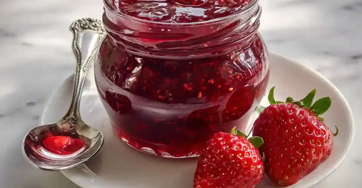 En burk med hemlagad jordgubbskompott, perfekt för frukostmackan. Syltsocker ger den rätt konsistens.