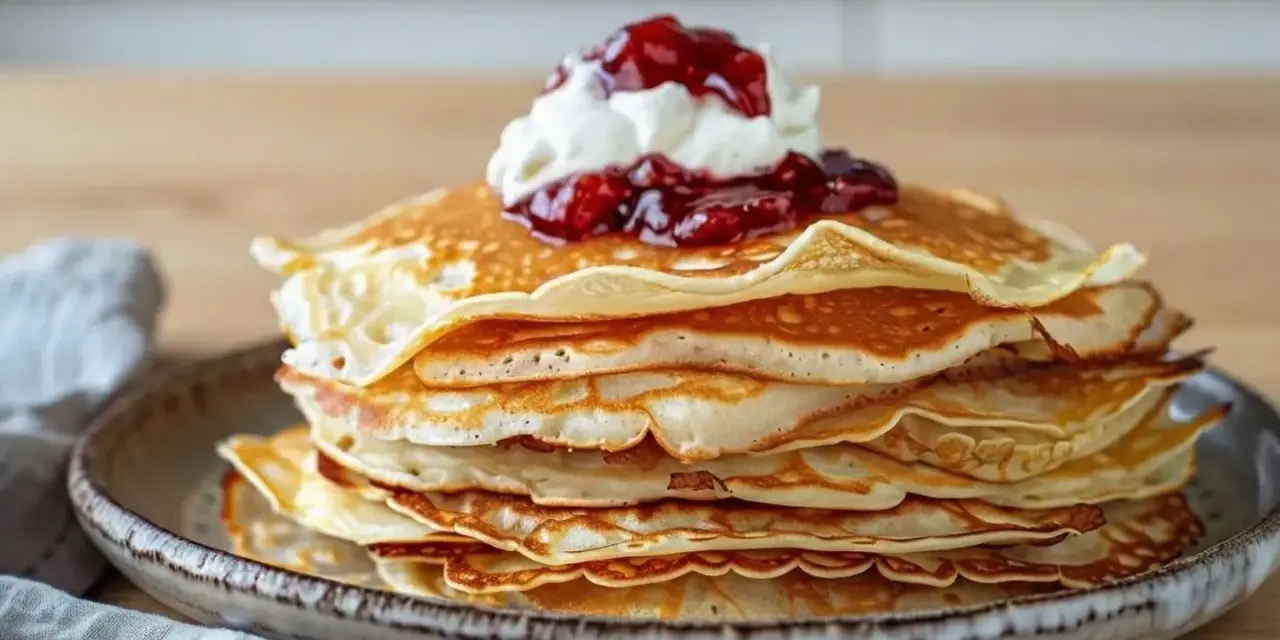 En hög med fluffiga svenska pannkakor toppas med vispad grädde och sylt. Perfekt för en mysig fika.