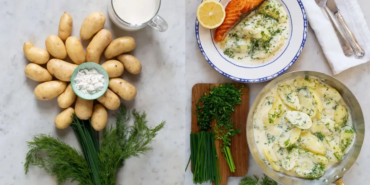 En härlig bild som visar ingredienser och färdig dillstuvad potatis med lax.