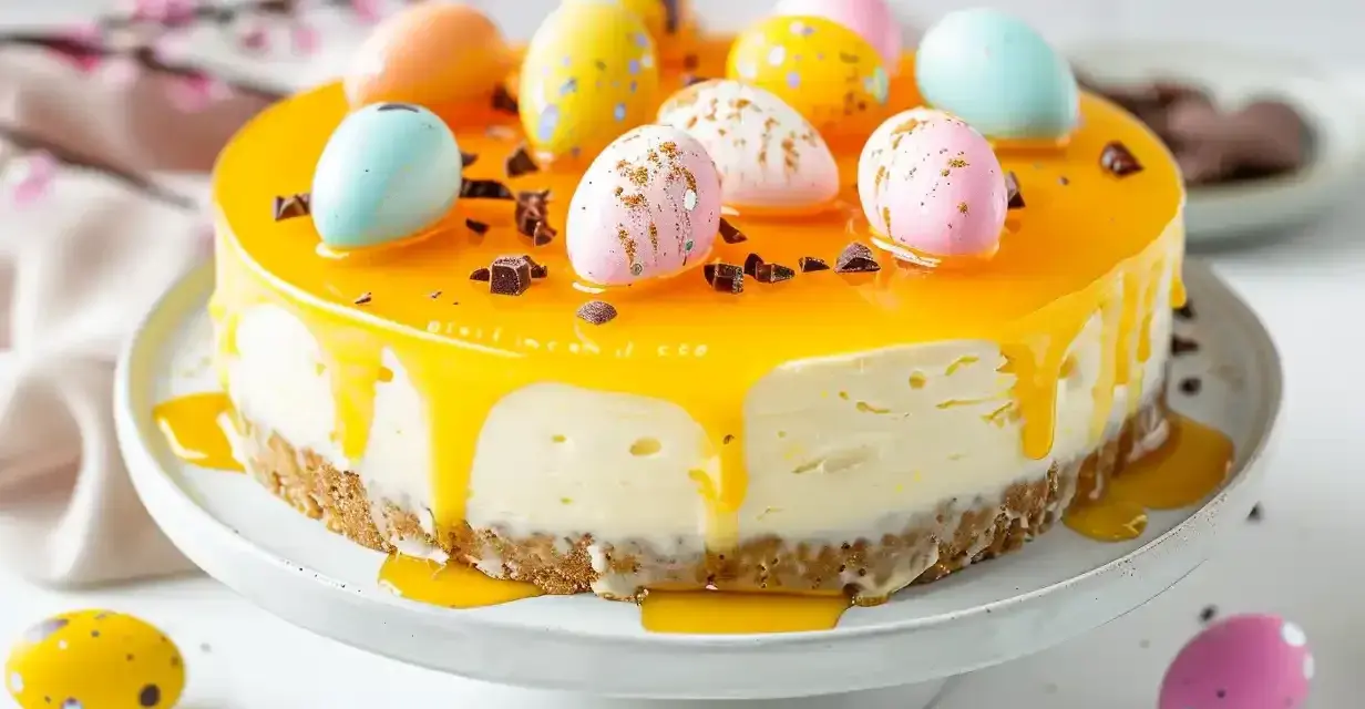En vacker cheesecake påsk med gul glasyr och dekorerade påskägg. Perfekt för påskfirandet!