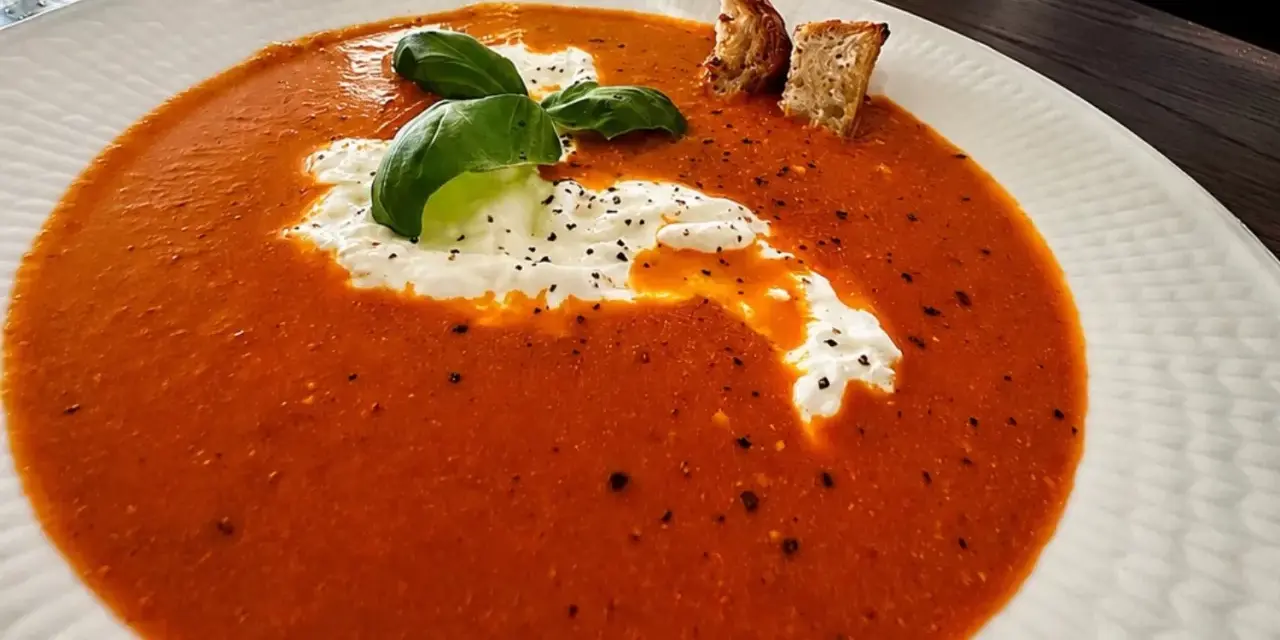 En krämig tomatsoppa med en klick gräddfil, färsk basilika och krutonger. Perfekt som en del av ett tomatsoppa recept.