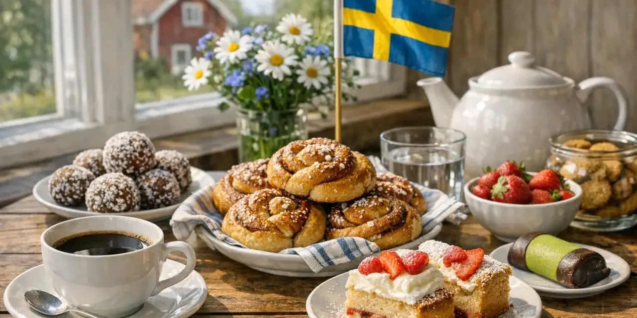 En fika med kanelbullar, jordgubbstårta, chokladbollar och en svensk flagga. Typiskt svenskt!
