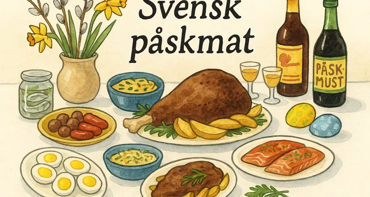 En illustration av ett festligt bord med svensk påskmat: köttbullar, prinskorv, lax, ägg, kalkon, potatis, påskmust och påskris.