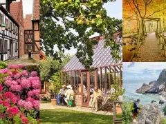 Vackra vyer från Skåne: korsvirkeshus, blommor, växthus, höstbro, kust och en person som letar efter geocaching.