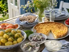 En härlig midsommar afton-buffé med sill, lax, färskpotatis, paj och jordgubbar dukas upp utomhus.