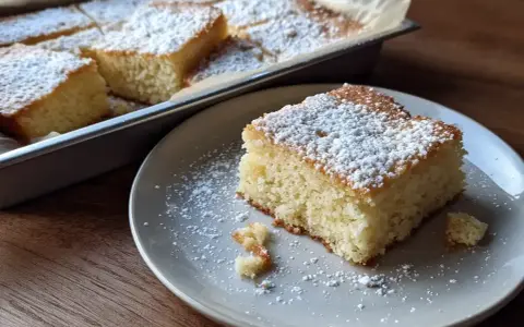 En bit fluffig, nybakad mjuk kaka med pudersocker på en grå tallrik. Resten av kakan syns i en ugnsform i bakgrunden.