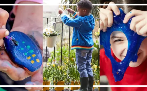 Kreativa aktiviteter för barn 10-12 år hemma: måla stenar, vattna blommor och leka med slime.