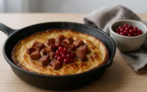 Kolbulle recept: Pannkaka i gjutjärnspanna med stekt fläsk och lingon. En klassisk svensk rätt.