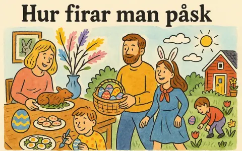 Familjen firar påsk afton med påskmat, målade ägg och påskris. En pojke målar ägg, en flicka med kaninöron bär en korg med ägg.