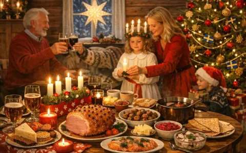 En familj firar jul med en traditionell svensk julmiddag. Fakta om jul: en stjärna lyser i fönstret, granen är klädd och barnen har ljus.