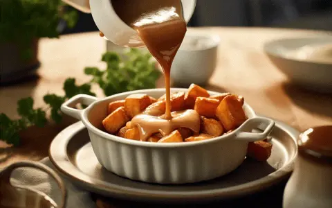 Brunsås recept: Krämig sås hälls över gyllene potatisbitar i en vit skål.
