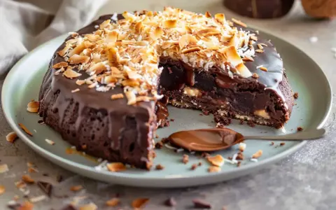 En saftig kladdkaka med kokostosca, täckt av chokladglasyr och toppad med rostad kokos. En sked med chokladsås ligger bredvid.