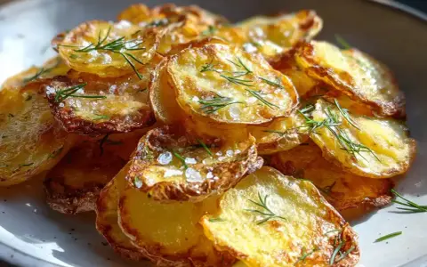 Krispiga potatis i ugn, toppade med flingsalt och färsk dill. Enkel men utsökt rätt.
