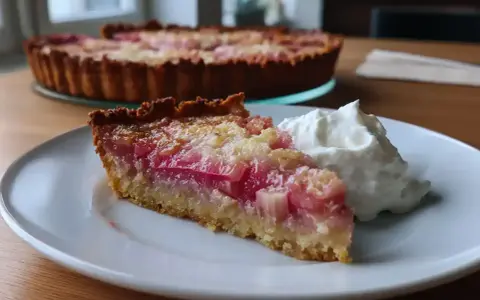 En saftig bit glutenfri rabarberpaj med en klick vispad grädde. Pajen har en gyllene botten och fyllning med rosa rabarberbitar.