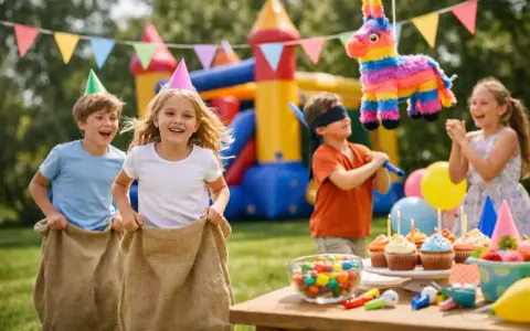 Barn gläds åt säckhoppning och piñata-lek, perfekta aktiviteter för att hitta på med barn. En färgsprakande födelsedagsfest utomhus.