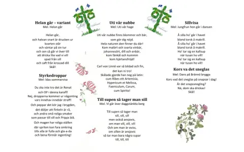Sida med texter till enkla snapsvisor, som "Helan går" och "Uti vår nubbe". Illustrationer av blommor och flaggor.
