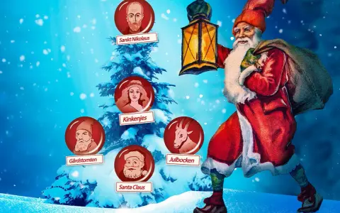 En julgran med porträtt av Sankt Nikolaus, Kinkenjes, Gårdstomten, Julbocken och Santa Claus. En tomte med lykta och säck. En visuell resa för att förstå var kommer tomten ifrån.