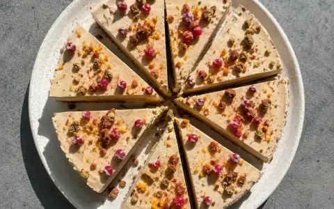 En skivad pepparkakscheesecake med lingon, garnerad med smulor och apelsinzest. En härlig juldessert!