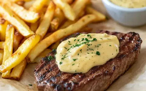 Grillad biff med pommes frites och en krämig bearnaisesås. Ett perfekt bearnaisesås recept för en lyxig middag.