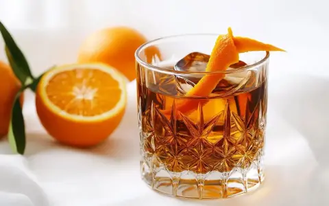 En drink med is och apelsinskal, bredvid färska apelsiner. Perfekt för ett sockerlag recept.