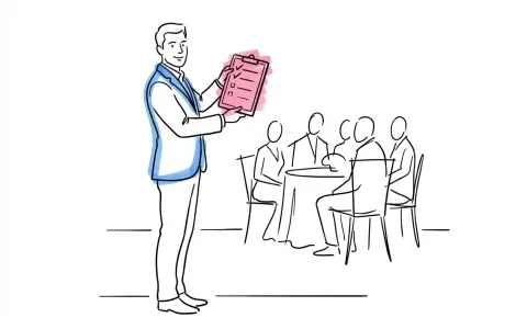 En man presenterar en checklista för en grupp vid ett bord. Kanske är det en plan för roliga spex till festen!