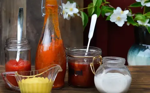 Flera läckra såser till grillat: ketchup, senap, chilisås och en krämig vit sås. Perfekt för sommarens middagar!
