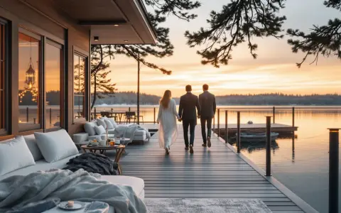 Par går hand i hand på en brygga vid en sjö i solnedgången. En idyllisk scen som visar några av Sveriges unika hotell.
