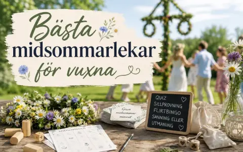 Bästa midsommarlekar för vuxna. En krans, spelkort och en liten svarta tavla med aktiviteter som quiz och utmaningar. I bakgrunden dansar folk runt en midsommarstång.