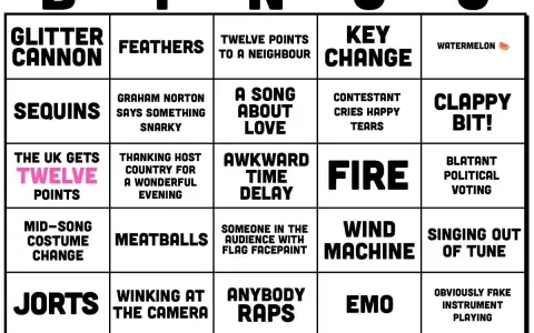 Eurovision bingo-kort med rutor som "Glitterkanon", "Vattenmelon" och "Blatent politisk röstning". Perfekt för att spela eurovision bingo!