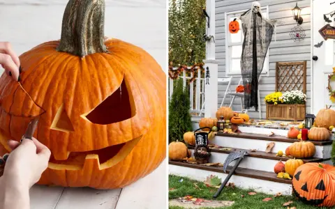 Förberedelser för halloween dag: en pumpa karvas och en husfasad dekoreras med pumpor, en spöklik gestalt och spindelnät.