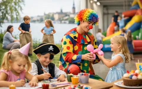 En clown med färgglad peruk gör ballongdjur till barn på en fest. En pirat och en flicka med partyhatt pysslar vid ett bord. En rolig aktivitet med barn.