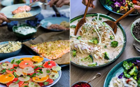 Härliga mat tips för en festmåltid: en färgsprakande citrus- och pistagesallad, krämig fisk med broccoli och quinoa.