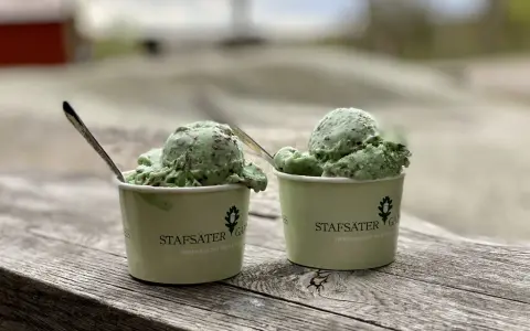 Två muggar med olika glass, mintchoklad, står på ett träbord. En sked sticker upp ur den vänstra muggen.