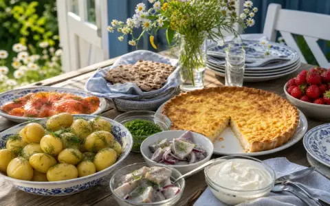 En härlig midsommar afton-buffé med sill, lax, färskpotatis, paj och jordgubbar dukas upp utomhus.