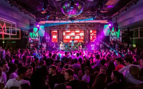 Folk dansar och festar på en 30-årsfest. En discokula hänger i taket och scenen lyses upp av färgglada lampor.