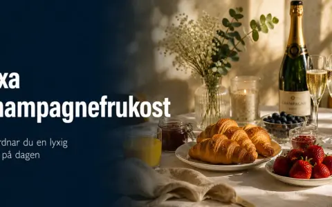 En lyxig champagnefrukost med croissanter, bär och bubbel. Perfekt för att fira studenten!