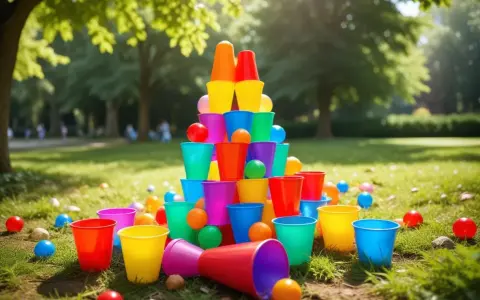 Färgglada plastmuggar och bollar ligger utspridda på gräset, redo för roliga 5 kamp lekar i parken.
