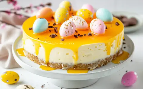 En vacker cheesecake påsk med gul glasyr och dekorerade påskägg. Perfekt för påskfirandet!