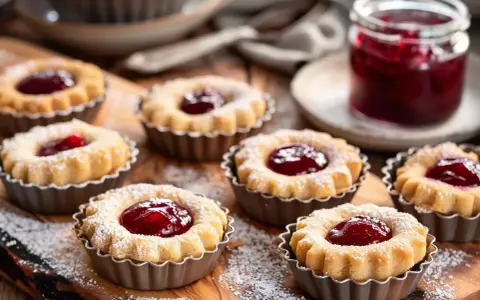 Små hallongrottor, perfekta för fikat. Ett enkelt hallongrottor recept ger dessa söta bakverk med sylt i mitten.