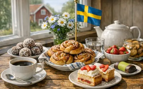 En fika med kanelbullar, jordgubbstårta, chokladbollar och en svensk flagga. Typiskt svenskt!