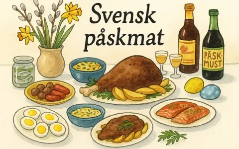 En illustration av ett festligt bord med svensk påskmat: köttbullar, prinskorv, lax, ägg, kalkon, potatis, påskmust och påskris.