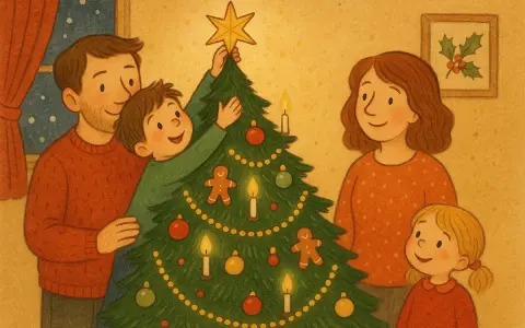 Familjen pyntar granen på julafton. En pojke sätter stjärnan i toppen, pappa hjälper till. Fakta om julafton: en tid för gemenskap.