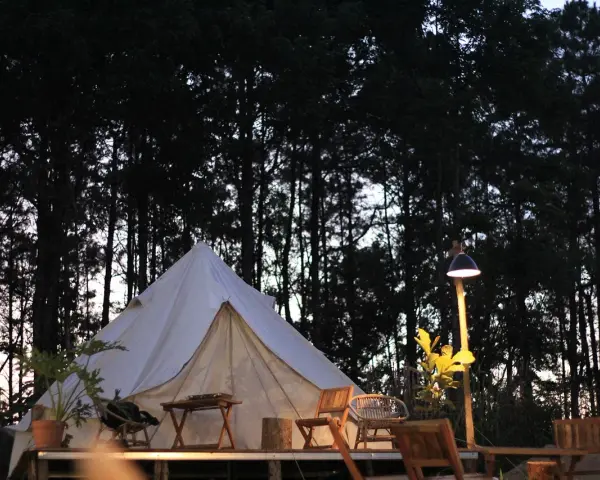 En vit glampingtält står redo för äventyr i en svensk skog. Mysigt och naturnära glamping i Sverige.