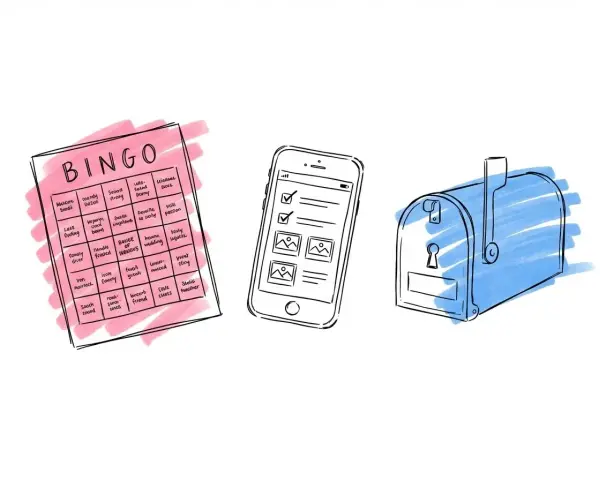 En bingobricka med roliga fysiska utmaningar, en smartphone med bilder och en brevlåda.