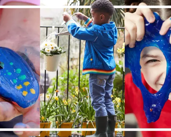 Kreativa aktiviteter för barn 10-12 år hemma: måla stenar, vattna blommor och leka med slime.