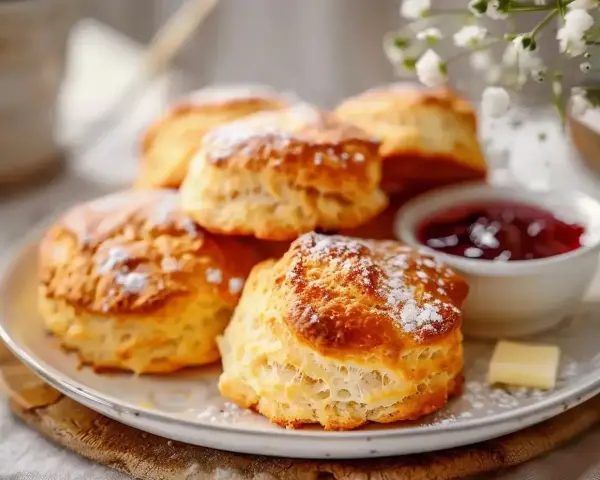 Nybakade scones med sylt och smör. Perfekt för fika, undrar vad man kan baka mer?