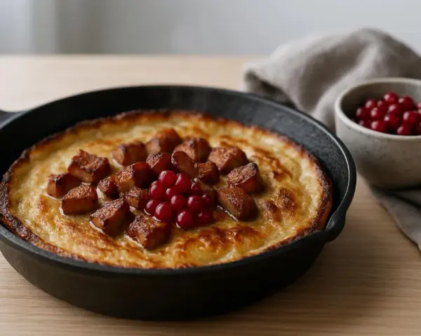Kolbulle recept: Pannkaka i gjutjärnspanna med stekt fläsk och lingon. En klassisk svensk rätt.