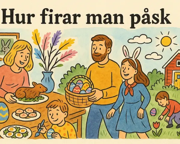 Familjen firar påsk afton med påskmat, målade ägg och påskris. En pojke målar ägg, en flicka med kaninöron bär en korg med ägg.
