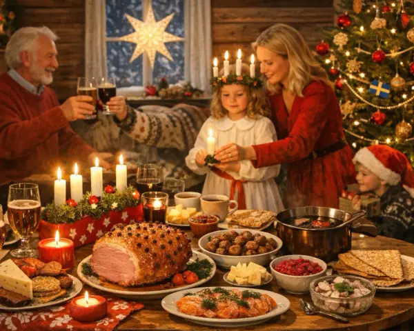 En familj firar jul med en traditionell svensk julmiddag. Fakta om jul: en stjärna lyser i fönstret, granen är klädd och barnen har ljus.