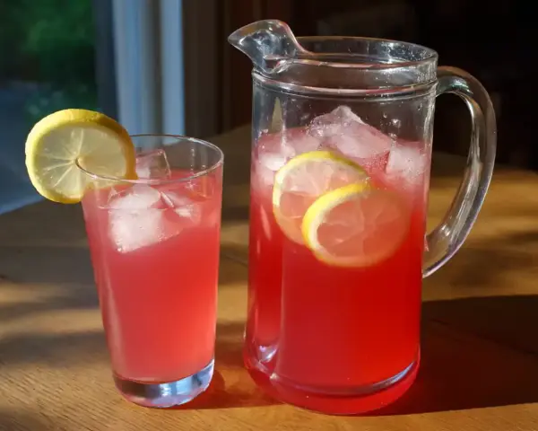 En karaff och ett glas med iskyld rabarbersaft med citron. Perfekt för en solig sommardag.